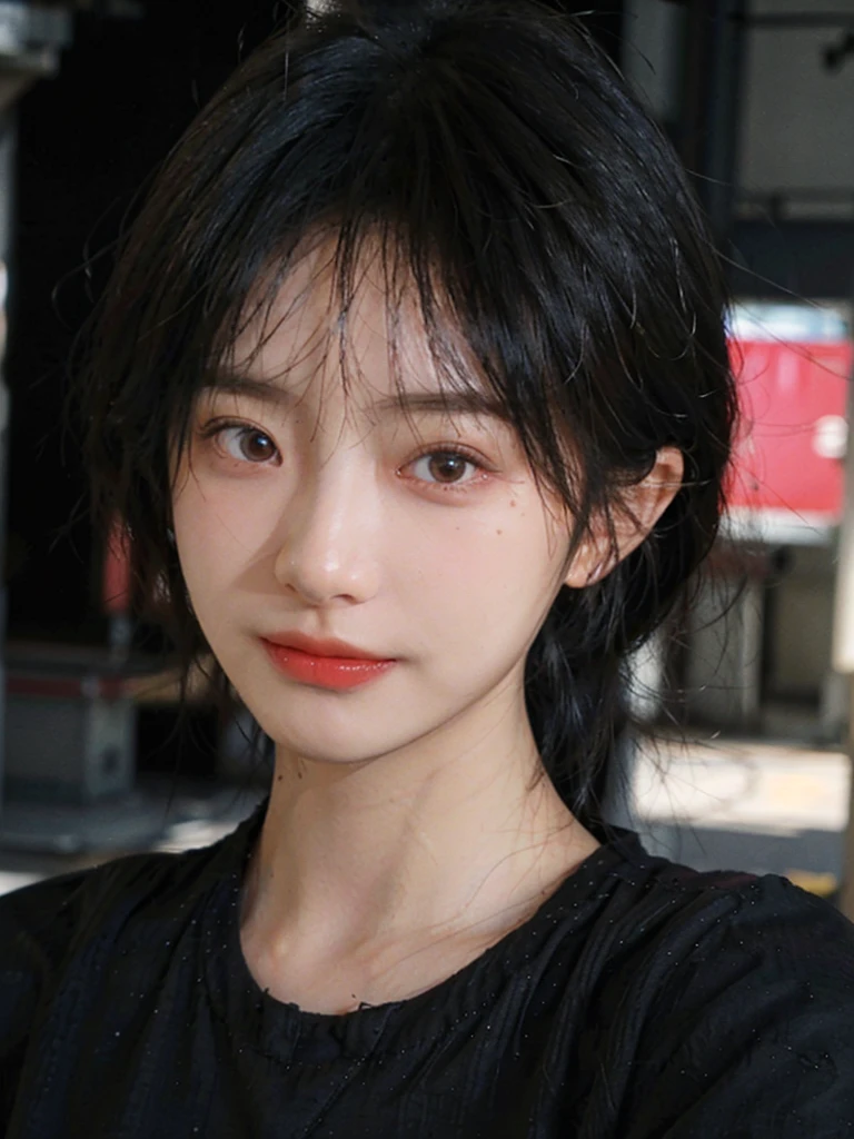 (Skin details:1.4), (smooth skin textures:1.3), (Upper Body:1.4),(Upper Body:1.3),(Black clothes:1.4),Lipstick, background, earrings, serene, calm, (Realistic and detailed eyes:1.2), Natural skin texture, Realistic facial details, Soft dramatic lighting, Vivid details, 35 mm film, outdoor, (Photo Practical:1.4), (hyper Practical:1.4), (Practical:1.3), (Smoother lighting:1.05), (Improve lighting quality:0.9), (Highest quality real skin textures:1.4), Exquisite eyes, Delicate face, Close-up of face, (Enhance the beauty of skin texture:1.1),0Normal body proportions, short hair, Moles under the eyes, A faint smile,Portrait Photography, Depth of Field, Bokeh, Surrealism, Ray Tracing, (Portrait Photography:1.1), Surrealism, High Detail, Chiaroscuro, Ray Tracing, reflected light, Ultra HD, Ultra HD, masterpiece, Textured Skin, Super Detail, High Detail, high quality, best quality