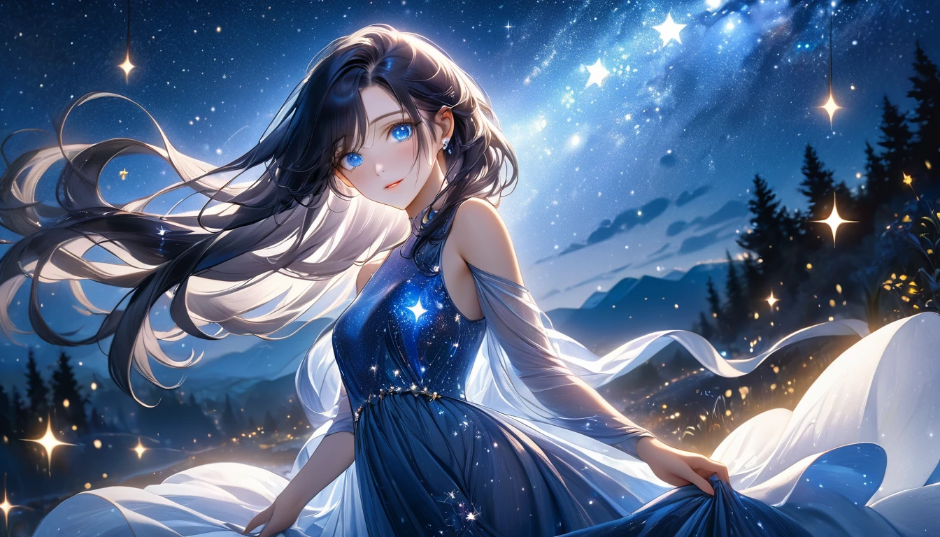 a beautiful detailed girl in a starry night sky, long dark hair, piercing blue eyes, delicate facial features, elegant flowing dress, gracefully posed, serene expression, glowing moonlit atmosphere, shimmering stars, atmospheric lighting, fantasy art, digital painting, cinematic colors, highly detailed, masterpiece, 8k, photorealistic