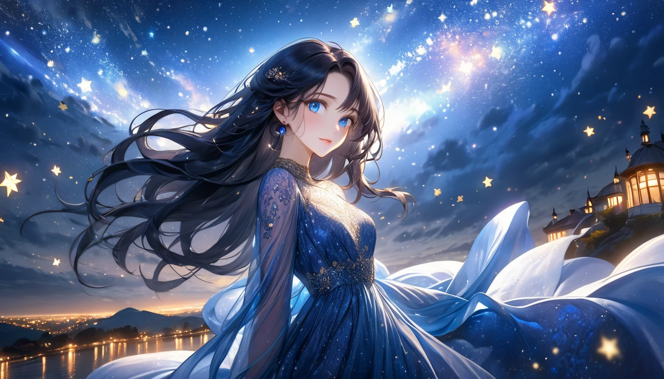 a beautiful detailed girl in a starry night sky, long dark hair, piercing blue eyes, delicate facial features, elegant flowing dress, gracefully posed, serene expression, glowing moonlit atmosphere, shimmering stars, atmospheric lighting, fantasy art, digital painting, cinematic colors, highly detailed, masterpiece, 8k, photorealistic