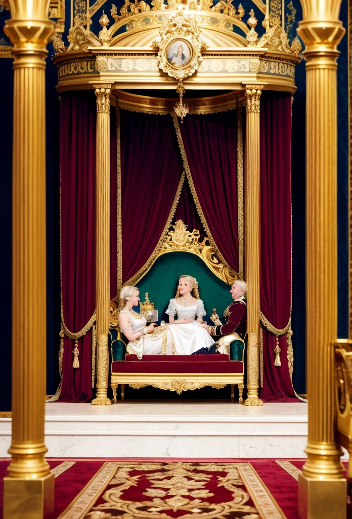A luxurious royal chamber from the 18th century with Catherine the Great seated on an ornate throne, laughing as two official 'foot ticklers' in period costume attend to her feet. The room is richly decorated with gold accents, velvet draperies, and elegant furniture