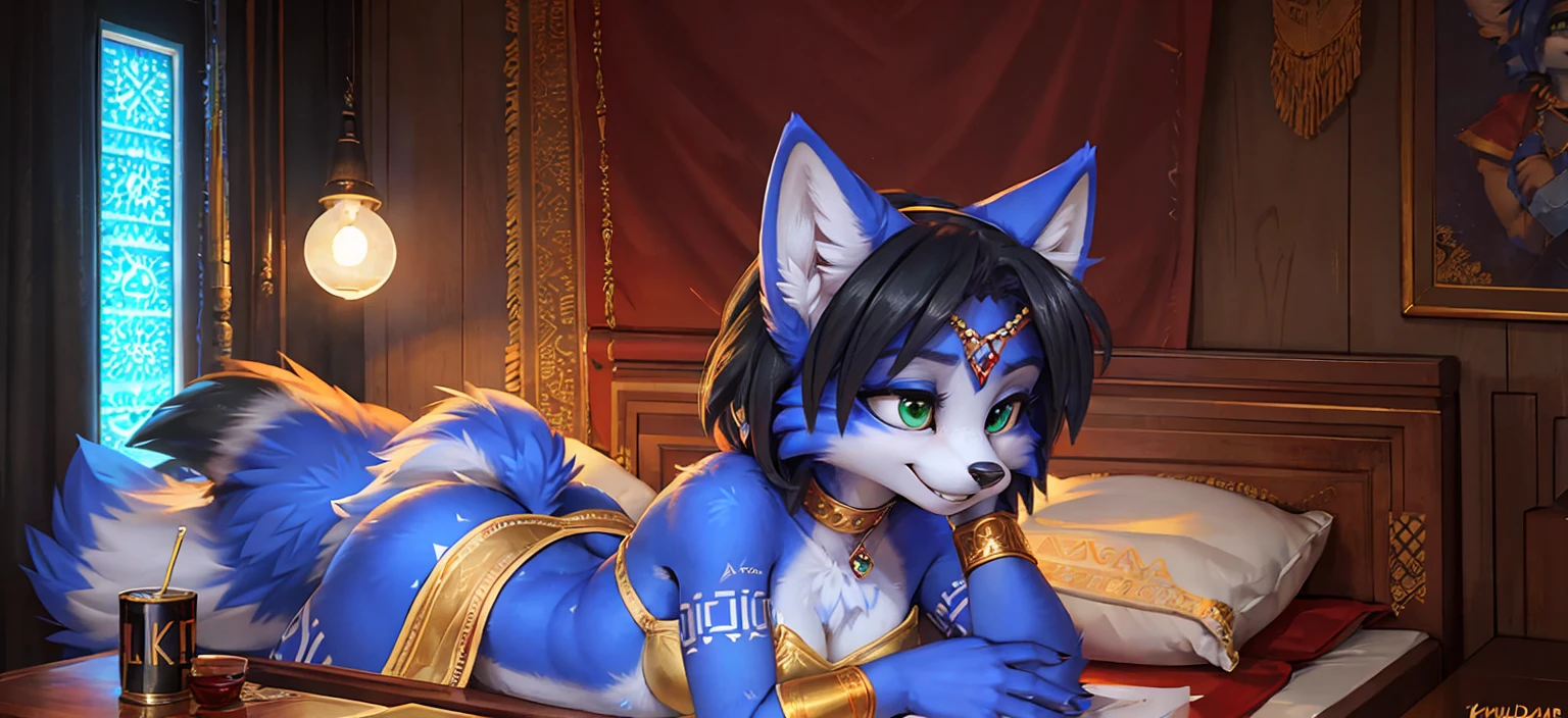 A beautiful and detailed (sweet portrait) wa ((Krystal)), Star Fox Krystal, sslim, lovable, green eyes, medium breasts, (((Long blue hair 1.3))),  ((black hair tips)), Decollete, grin, look up,, anthro, furry, Uploaded E621, detailed fluffy fur, (wa Fluff-Kevlar, Bayard Wu, personalize me, Pino Daeni), detailed face, (fluffy), 1 girl, alone,  Tribal clothing, sweet girl, alone, wears a magician&#39;s robe 
