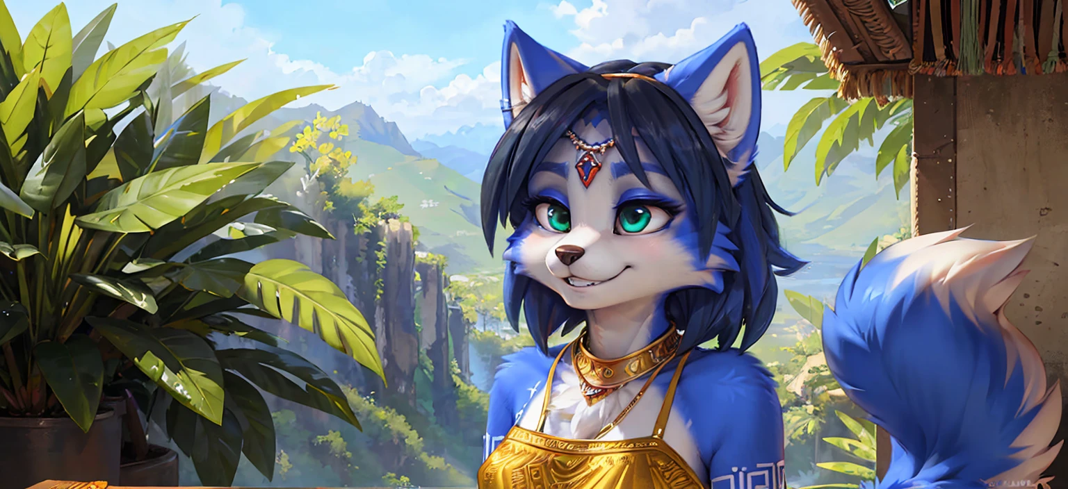A beautiful and detailed (sweet portrait) wa ((Krystal)), Star Fox Krystal, sslim, lovable, green eyes, medium breasts, (((Long blue hair 1.3))), ((black hair tips)), Decollete, grin, look up,, anthro, furry, Uploaded E621, detailed fluffy fur, (wa Fluff-Kevlar, Bayard Wu, personalize me, Pino Daeni), detailed face, (fluffy), 1 girl, alone, Tribal clothing, sweet girl, alone, wears a magician's robe