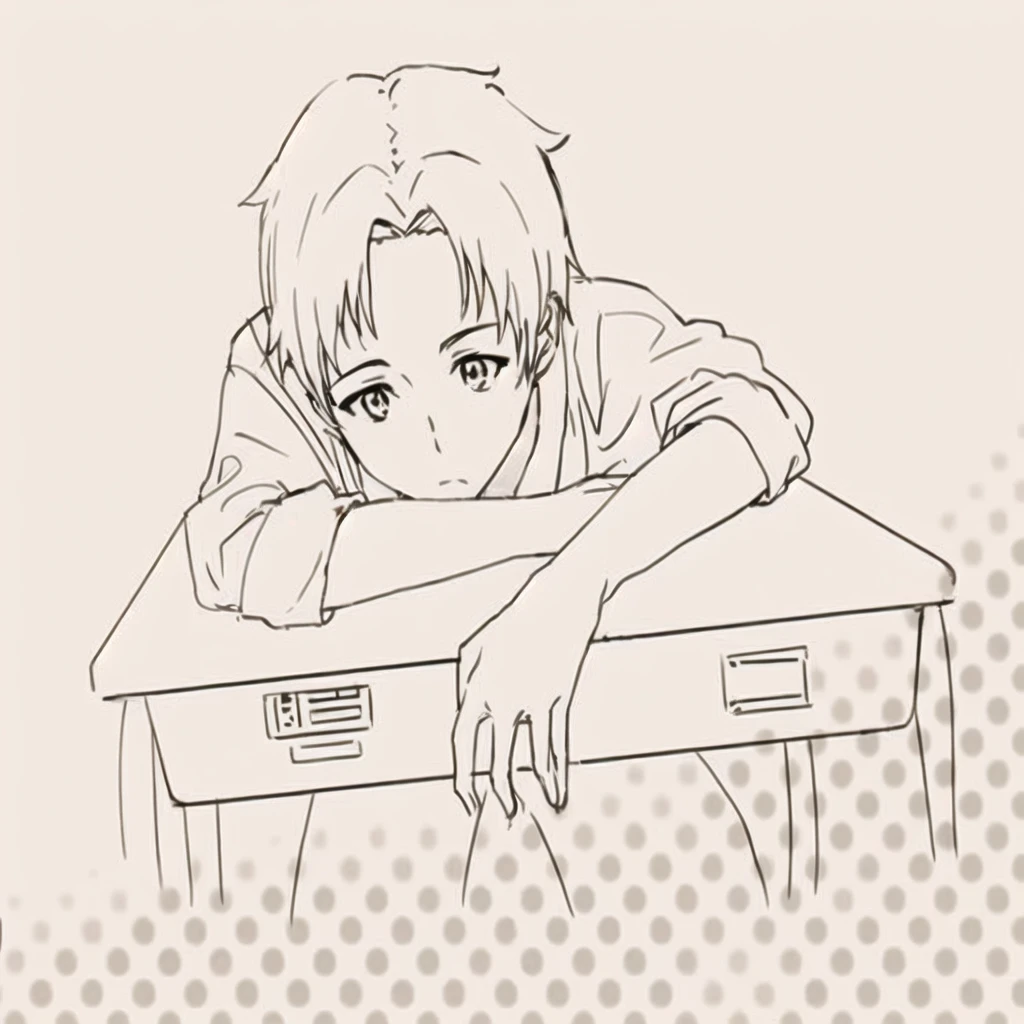 Anime boy sitting at a desk, resting his head on his hand, line art!!, by Naka Bokunen, perfect linear, clean anime outlines, sitting at his desk, handsome anime pose, hand on his cheek, line sketch!!, relaxed posture, linear, clean linear, in manga style, anime style, anime style, anime pose