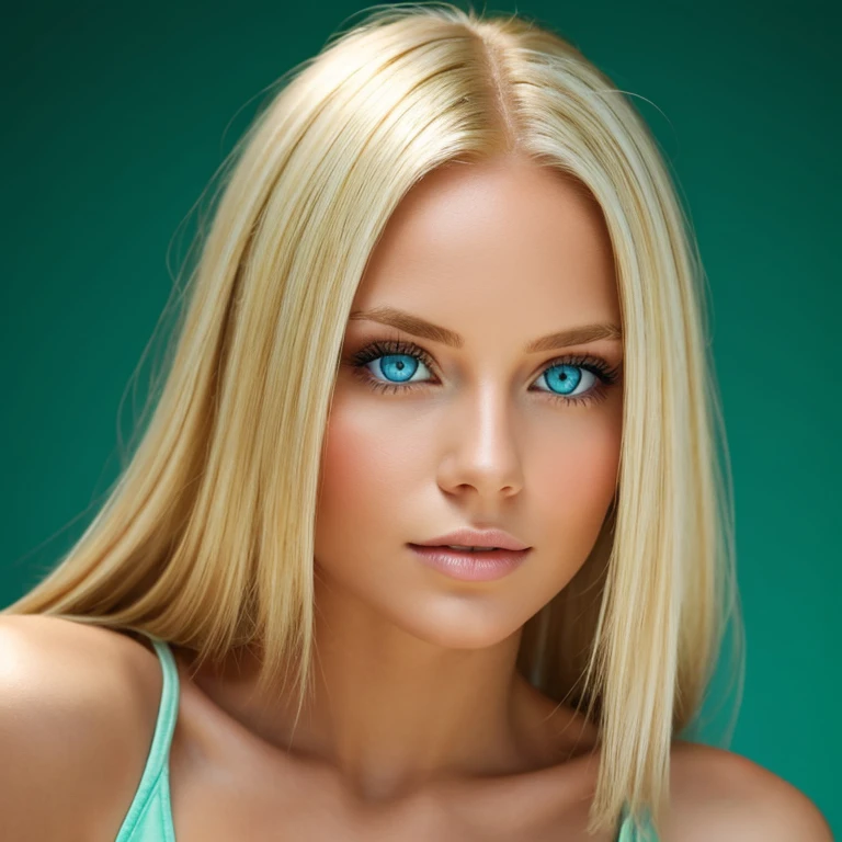 a beautiful woman with blue eyes, green background, blond hair