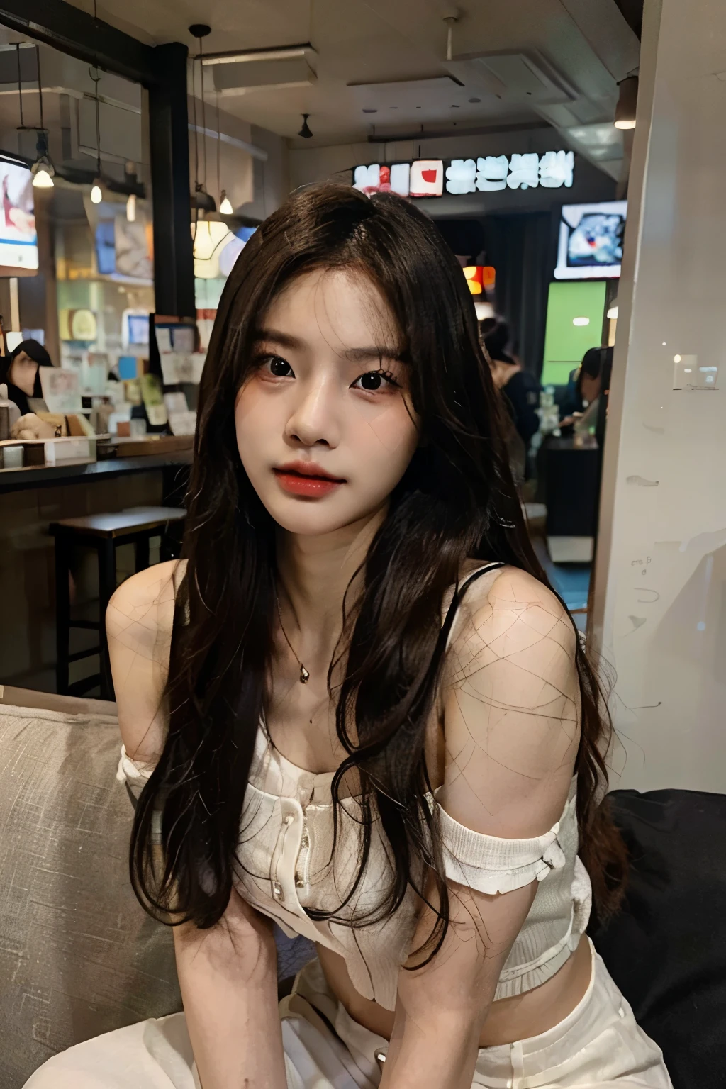 (lifelike, high resolution: 1.3) 1 Korean girl with a slender body, Yoo Na Kim, fine face and eyes, long straight hair, full lips, long eyelashes, in Seoul, full body view, low camera angle, long legs