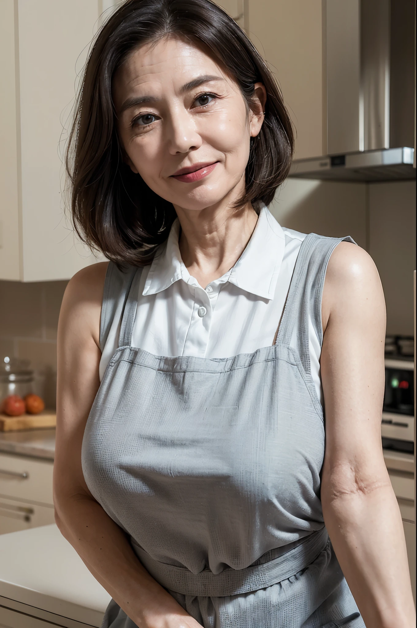 (masterpiece:1.4),(62-year-old woman:1.5),(facial wrinkles 1.2), (mid-length hair : 1), A kind smile,maternal, Mature Woman, (white apron : 1.3), (sleeveless collared uniform : 1.2), acnes, skin blemishes, fleckles,(plump arms : 1.3), kitchen, looking back at viewer