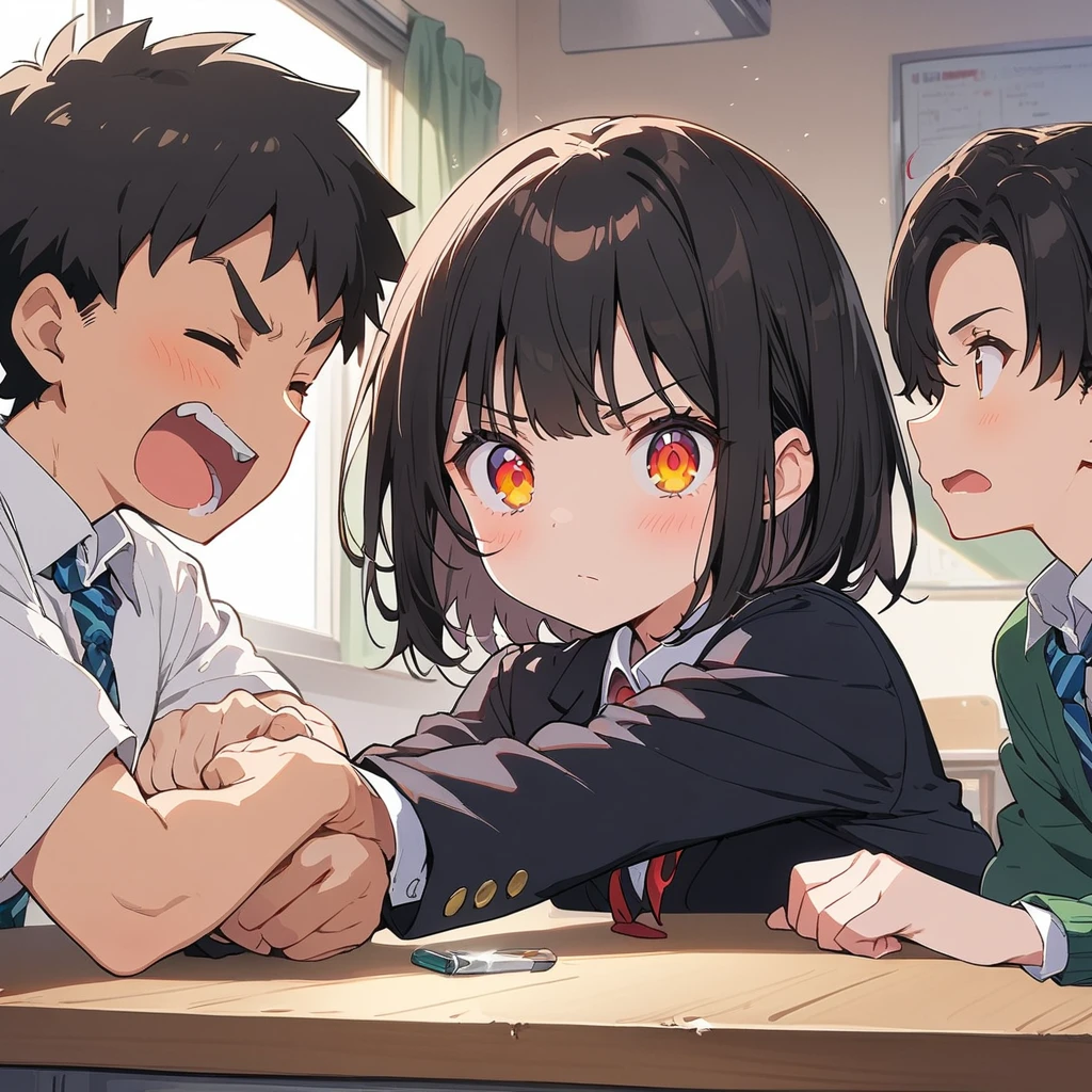 1 Girl、(Black Hair、short hair:1.2)、(high school student、uniform)、(Arm wrestling with friends:1.3)、Brave look、School classroom、(Highest quality、masterpiece、High resolution、detailed)animeスタイル、Flat Style、(Shining Eyes、detailed美しい顔), break,anime