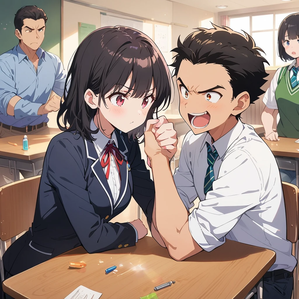 1 Girl、(Black Hair、short hair:1.2)、(high school student、uniform)、(Arm wrestling with friends:1.3)、Brave look、School classroom、(Highest quality、masterpiece、High resolution、detailed)animeスタイル、Flat Style、(Shining Eyes、detailed美しい顔),  break,anime