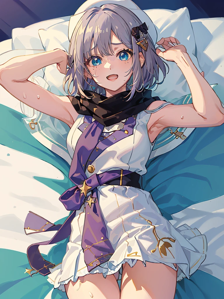 (masterpiece、Highest quality:1.2), Cowboy Shot, solo, One Girl, Sumire Kaga, Virtual YouTuber, Laughter, Mouth closed, Look at the viewers, short hair, hair ornaments, White Hat, shirt, Capelet, scarf、((White panties))、(((((Anime Style)))))、(((cute)))、((bed))、(((Lie)))、(((sweating)))、(((From below)))、(((Lie)))、(((Spread your legs)))、(((solo)))、(((Glowing Skin)))