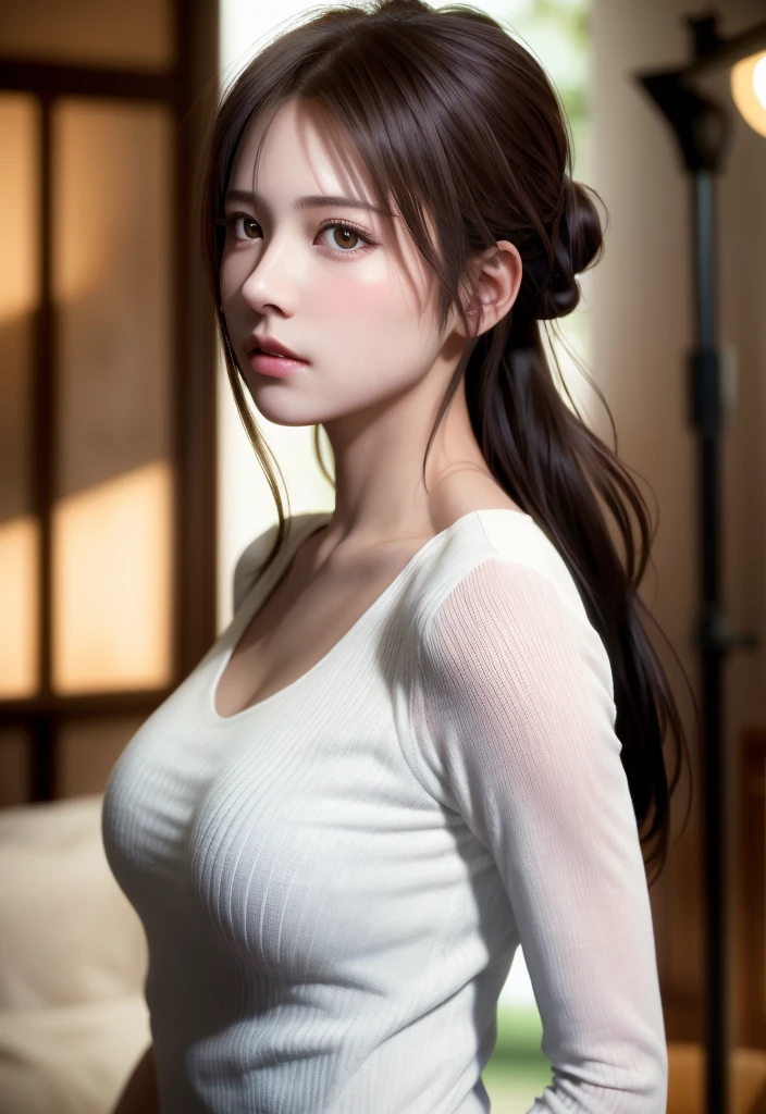 8K, of the highest quality, masutepiece:1.2), (Realistic, Photorealsitic:1.37), of the highest quality, masutepiece, Beautiful young woman, Pensive expression, Sweet look, Sexy white shirt、Hair tied back, Messy mood, Cinematic background, Tired, Light skin tone