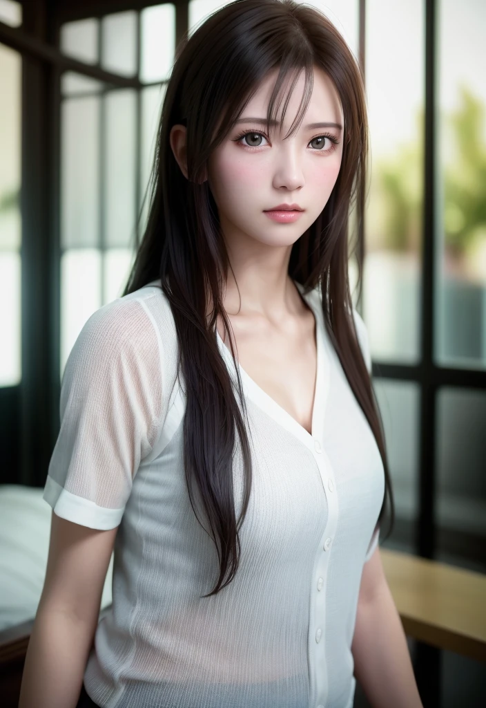 8K, of the highest quality, masutepiece:1.2), (Realistic, Photorealsitic:1.37), of the highest quality, masutepiece, Beautiful young woman, Pensive expression, Sweet look, Sexy white shirt、Hair tied back, Messy mood, Cinematic background, Tired, Light skin tone