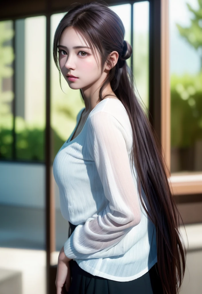 8K, of the highest quality, masutepiece:1.2), (Realistic, Photorealsitic:1.37), of the highest quality, masutepiece, Beautiful young woman, Pensive expression, Sweet look, Sexy white shirt、Hair tied back, Messy mood, Cinematic background, Tired, Light skin tone