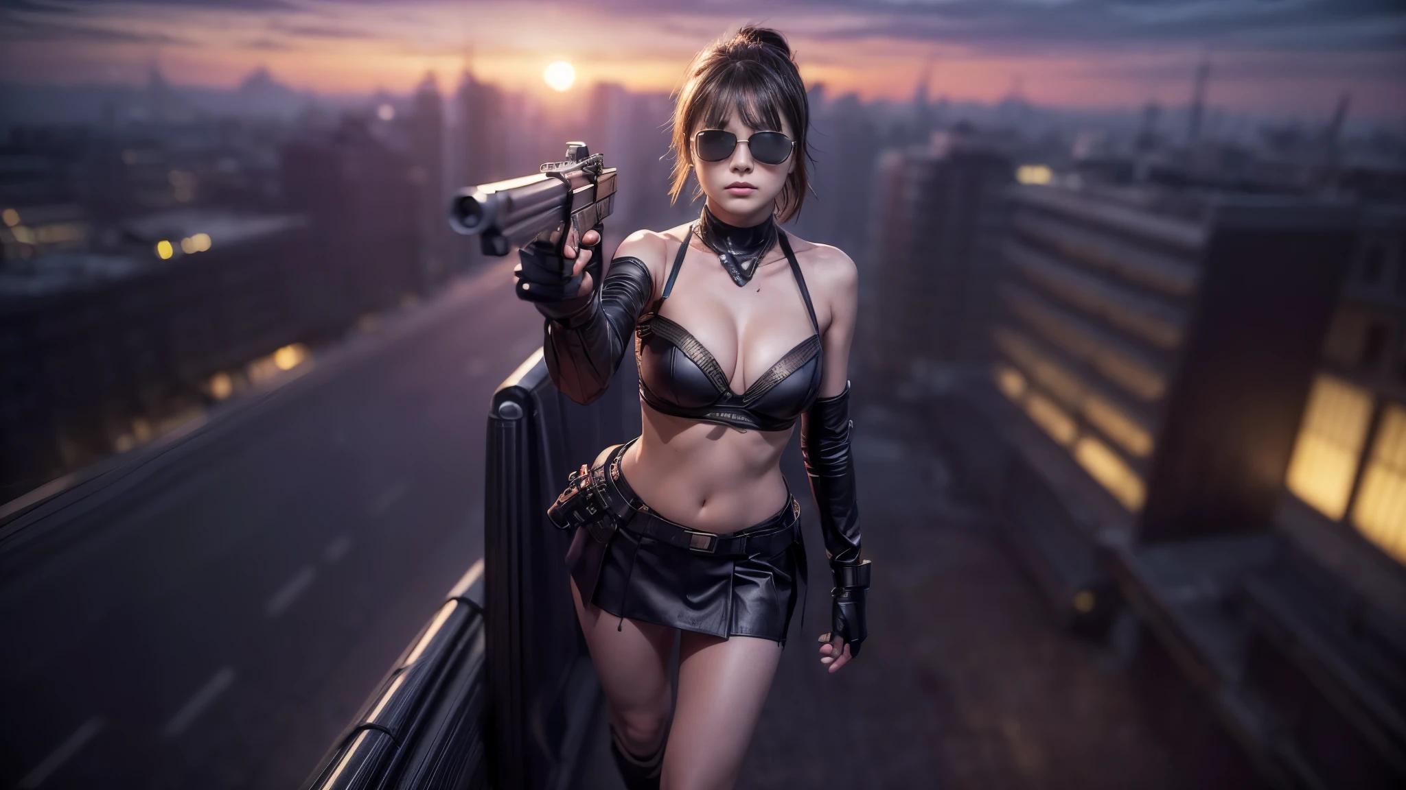 (((At night, ((very dark sunset sky)), (((1girl, solo))), a western woman, photo realistic, large-breast:1.2 slim body, cleavage, off tube top, short pleated miniskirt, standing on rooftop, (matrix style black sunglasses), (((aiming towards viewer with a short:0.8 pistol))), half-body thigh level medium:1.2 shot))). In the background, simple aerial view of a sci-fi futuristic city, neon light, (((flying vehicle speeding towards viewer))).