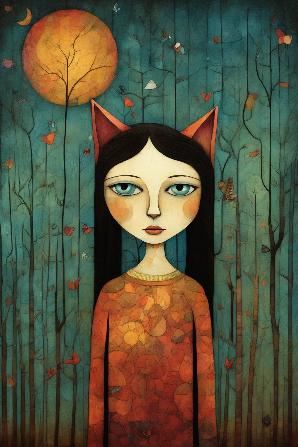 Tracy Grimwood Style - In the style of Andy Kehoe and Paul Klee『The adventures of a beautiful girl and a cat』、Masterpiece、