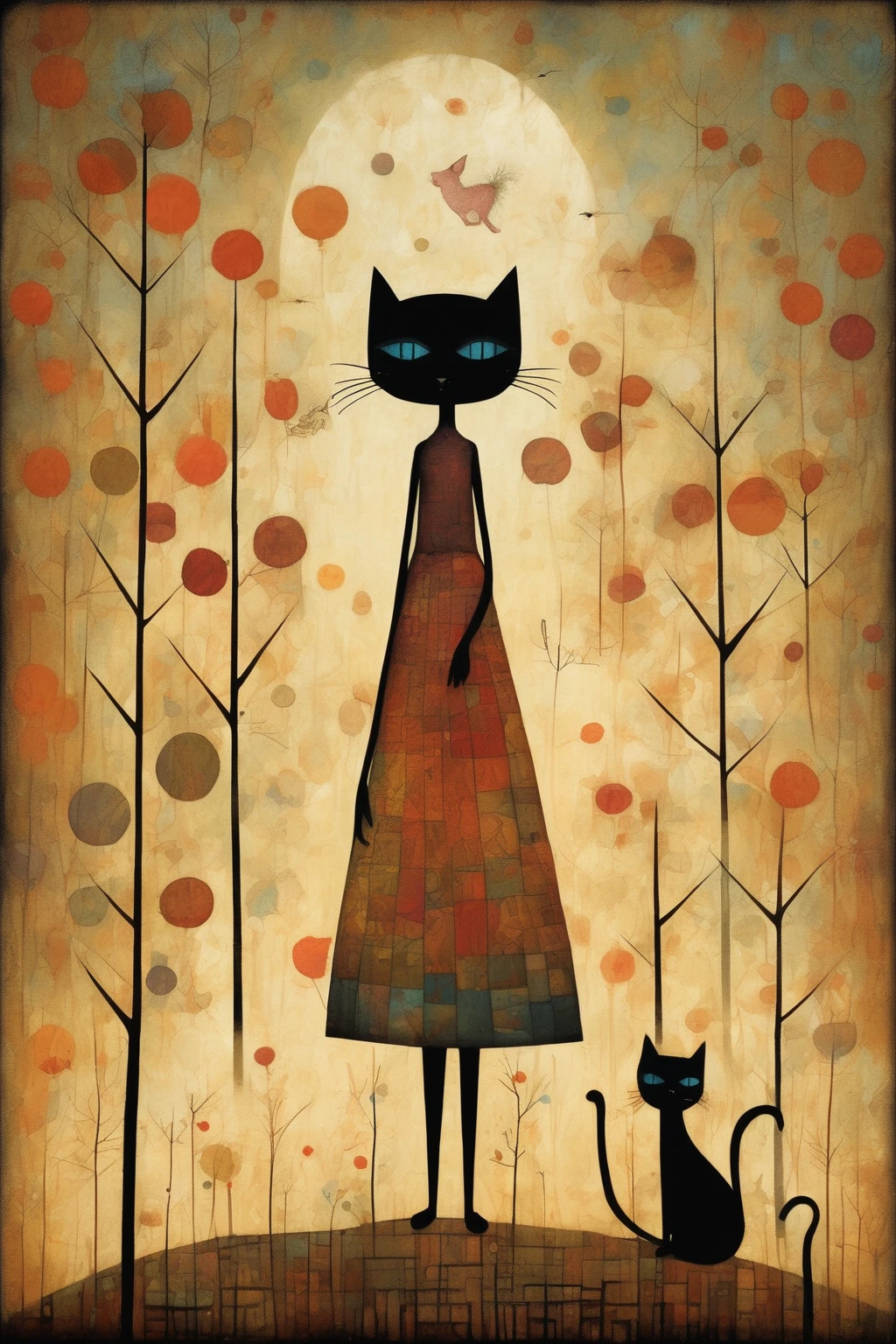 Tracy Grimwood Style - In the style of Andy Kehoe and Paul Klee『The adventures of a beautiful girl and a cat』、Masterpiece、