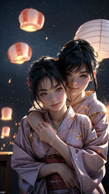 nsfw, Masterpiece, top quality, highly detailed, (Photorealistic style:1.4), Chiaroscuro style, backlighting, 2 girls, A lesbian couple in yukata, (Hug from behind, and put hand on bust, bust shot:1.6), looking at the camera with a smile, A close-up of their beautiful faces, (Lots of fireworks all over the sky, Many Lanterns floating in the sky, big shining milky way:1.4),
