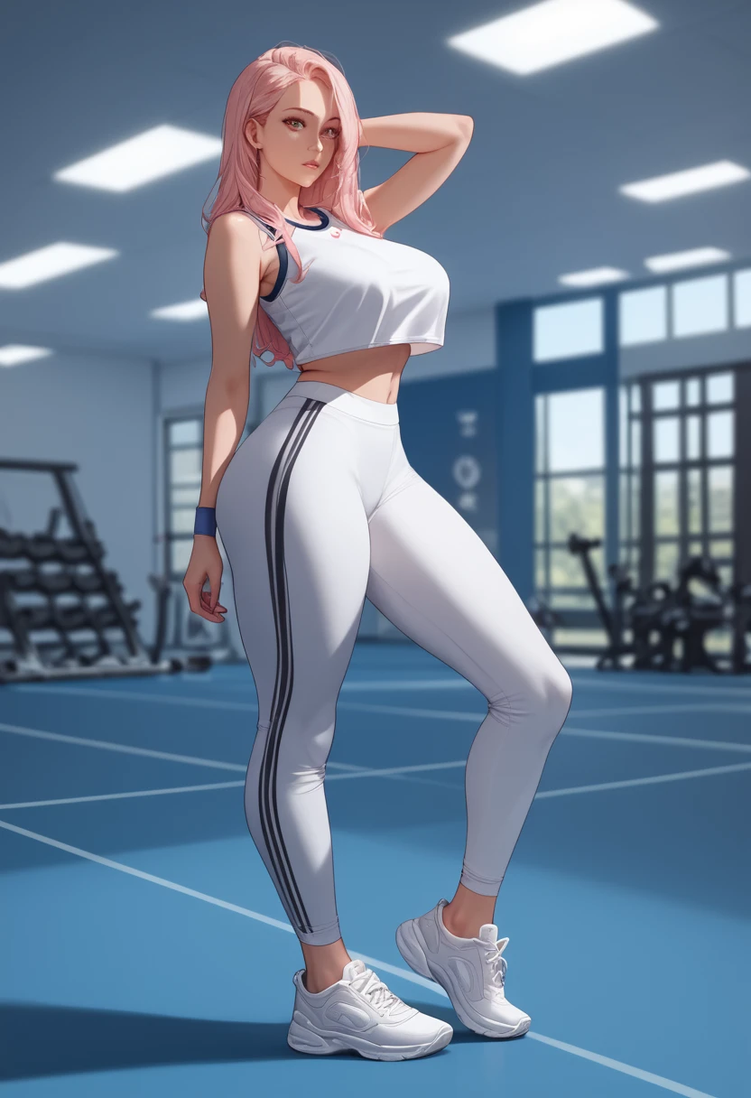 score_9, score_8_up, score_7_up, score_6_up, score_5_up, a voluptuous babe, standing up, beautiful, sports shoes, sexy gym outfit, cozy lighting, cozy background, eye-level camera angle