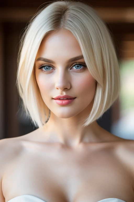 highest quality, 8k, masterpiece, realistic, High resolution, sharp focus, 1 girl, 28 year old gorgeous fashion supermodel, (Nude), (Full body), bright white blonde hair, cleavage, short hair, dull bangs, hair behind the ear, long hair, slender body shape, super detailed face, delicate lips, Moderately, beautiful eyes, lipstick, light blush, perfect shiny shiny skin, invite the gaze, view audience