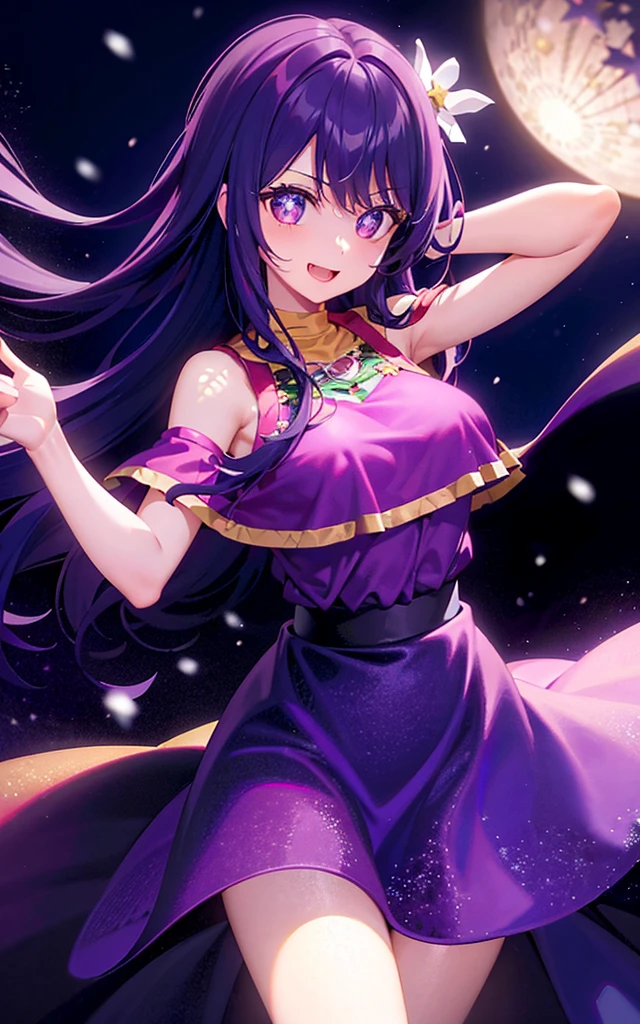 1girll，（（There is a five-pointed star in the eye））Gorgeous Hair in Long Purple，Smile，Open mouth，Christmas dress，natta，themoon，snowfield, Her clothes are open and her nipples are visible