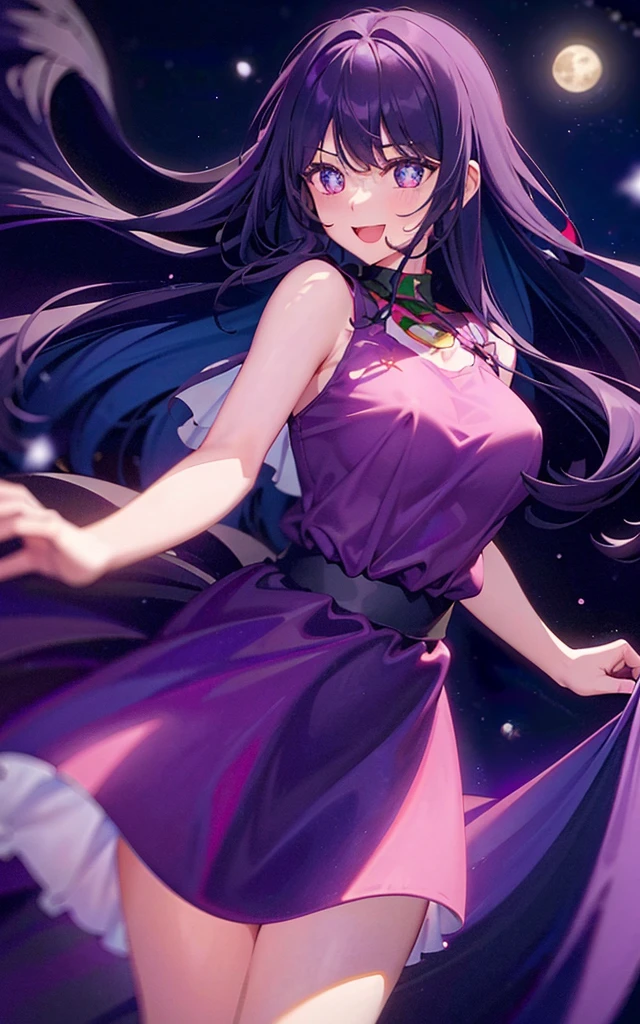 1girll，（（There is a five-pointed star in the eye））Gorgeous Hair in Long Purple，Smile，Open mouth，Christmas dress，natta，themoon，snowfield, Her clothes are open and her nipples are visible