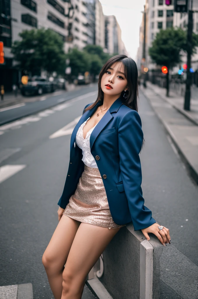 a 19 year old girl, she is the most beautiful actress in the world, the perfect body proportions of this girl, indirect shape of clothed large breasts, the blazer is worn on the formal shirt, her crotch area of the panties are hardly hidden by short skirt, her bare legs, it's just front of her body in this photo, it from just above her head to just below her shins are within this photo space, she is standing straight at the street, nsfw, best quality, highly detailed, masterpiece, ultra high res, photo realistic, 8k, RAW photo