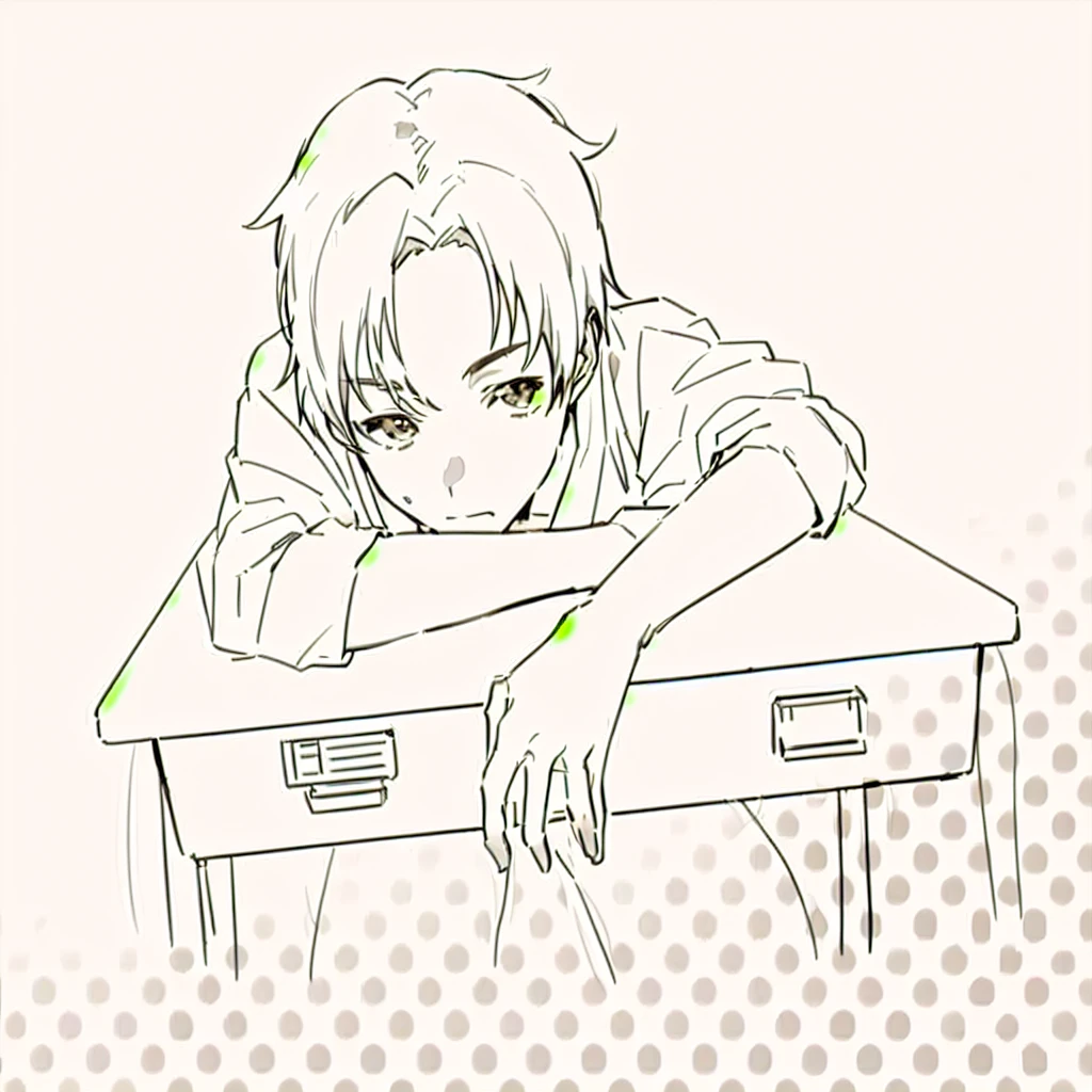 Anime boy sitting at a desk, resting his head on his hand, line art!!, by Naka Bokunen, perfect linear, clean anime outlines, sitting at his desk, handsome anime pose, hand on his cheek, line sketch!!, relaxed posture, linear, clean linear, in manga style, anime style, anime style, anime pose