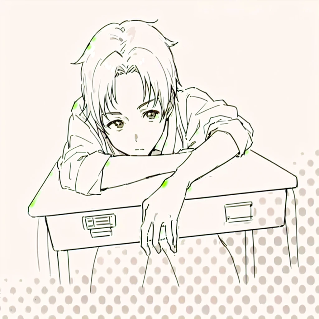Anime boy sitting at a desk, resting his head on his hand, line art!!, by Naka Bokunen, perfect linear, clean anime outlines, sitting at his desk, handsome anime pose, hand on his cheek, line sketch!!, relaxed posture, linear, clean linear, in manga style, anime style, anime style, anime pose
