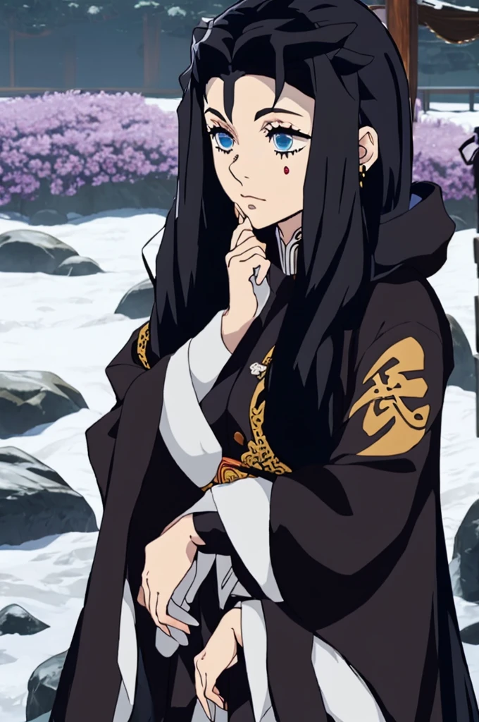 A girl with raven-black hair, long in the front and medium-short in the back. She pins a strand of hair on the left side behind her ear with a discreet hairpin.
Her eyes are a deep, piercing blue, often reflecting an unyielding determination. Her skin is pale, giving her an almost ethereal appearance, which contrasts sharply with her dark hair.
She stands at approximately 1.73 meters, giving her a notable presence among her peers. She wears the traditional Demon Slayer uniform, complemented by a black haori adorned with blue petal motifs, symbolizing both delicacy and strength. Over this, she wears a long hooded coat, adding a touch of mystery to her appearance.
To cover her face, she uses a clay mask representing the sin of pride. The lower part of her face is wrapped in bandages, hiding scars.