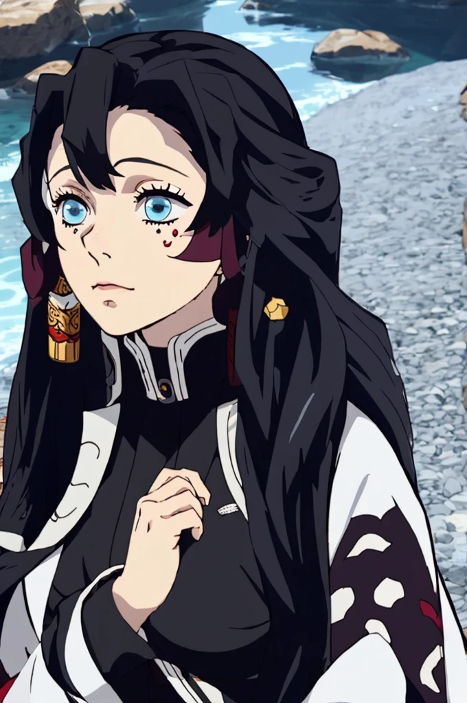 A girl with raven-black hair, long in the front and medium-short in the back. She pins a strand of hair on the left side behind her ear with a discreet hairpin.
Her eyes are a deep, piercing blue, often reflecting an unyielding determination. Her skin is pale, giving her an almost ethereal appearance, which contrasts sharply with her dark hair.
She stands at approximately 1.73 meters, giving her a notable presence among her peers. She wears the traditional Demon Slayer uniform, complemented by a black haori adorned with blue petal motifs, symbolizing both delicacy and strength. Over this, she wears a long hooded coat, adding a touch of mystery to her appearance.
To cover her face, she uses a clay mask representing the sin of pride. The lower part of her face is wrapped in bandages, hiding scars.