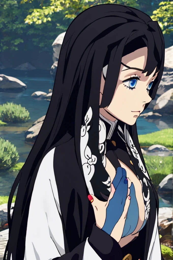 A girl with raven-black hair, long in the front and medium-short in the back. She pins a strand of hair on the left side behind her ear with a discreet hairpin.
Her eyes are a deep, piercing blue, often reflecting an unyielding determination. Her skin is pale, giving her an almost ethereal appearance, which contrasts sharply with her dark hair.
She stands at approximately 1.73 meters, giving her a notable presence among her peers. She wears the traditional Demon Slayer uniform, complemented by a black haori adorned with blue petal motifs, symbolizing both delicacy and strength. Over this, she wears a long hooded coat, adding a touch of mystery to her appearance.
To cover her face, she uses a clay mask representing the sin of pride. The lower part of her face is wrapped in bandages, hiding scars.