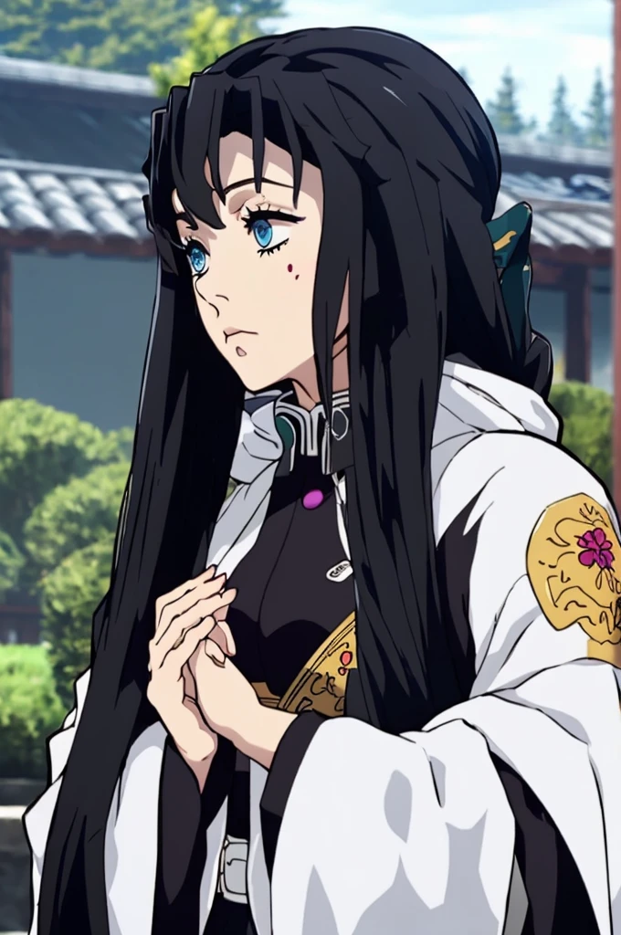 A girl with raven-black hair, long in the front and medium-short in the back. She pins a strand of hair on the left side behind her ear with a discreet hairpin.
Her eyes are a deep, piercing blue, often reflecting an unyielding determination. Her skin is pale, giving her an almost ethereal appearance, which contrasts sharply with her dark hair.
She stands at approximately 1.73 meters, giving her a notable presence among her peers. She wears the traditional Demon Slayer uniform, complemented by a black haori adorned with blue petal motifs, symbolizing both delicacy and strength. Over this, she wears a long hooded coat, adding a touch of mystery to her appearance.
To cover her face, she uses a clay mask representing the sin of pride. The lower part of her face is wrapped in bandages, hiding scars.