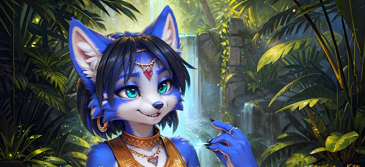 A beautiful and detailed (sweet portrait) wa ((Krystal)), Star Fox Krystal, sslim, lovable, green eyes, medium breasts, (((Long blue hair 1.3))),  ((black hair tips)), Decollete, grin, look up,, anthro, furry, Uploaded E621, detailed fluffy fur, (wa Fluff-Kevlar, Bayard Wu, personalize me, Pino Daeni), detailed face, (fluffy), 1 girl, alone,  Tribal clothing, sweet girl, alone, wears a magician&#39;s robe 
