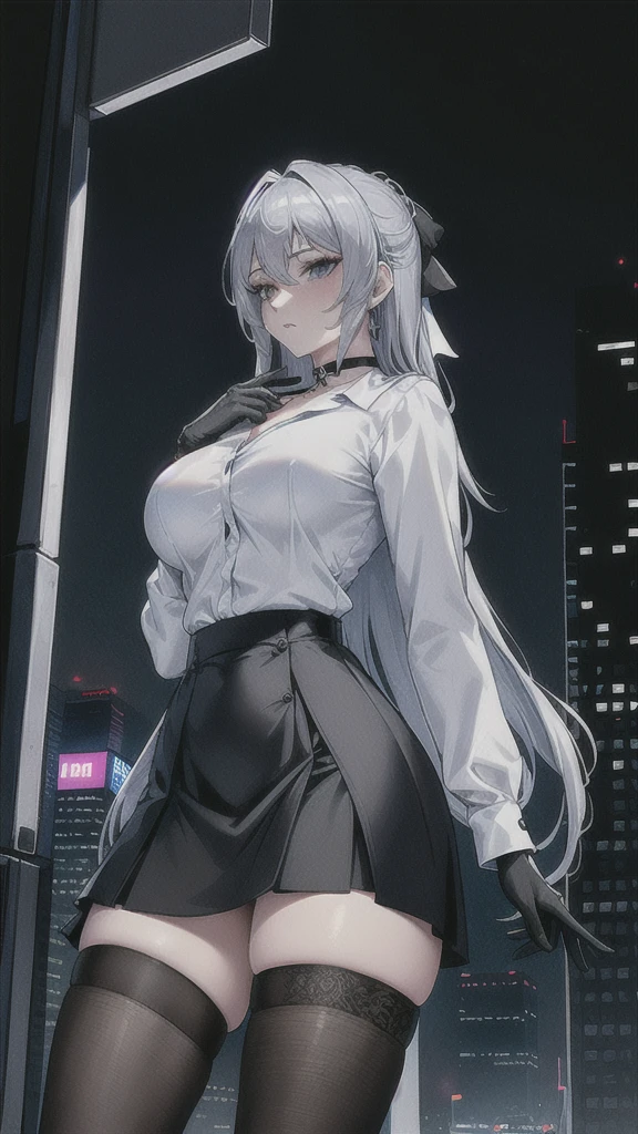 Masterpiece, Beautiful art, professional artist, 8k, art style by sciamano240, rostro de Bronya Zaychik, detailed body, Very detailed face, Detailed clothing, detailed fabric, Best Quality, better resolution,  1 girl, front view, big breasts, serious expression, city background, at night , silver hair, choker:1.6, (long sleeve white collar buttoned shirt), black gloves covering your hands, (shiny black miniskirt), looking at the viewer,