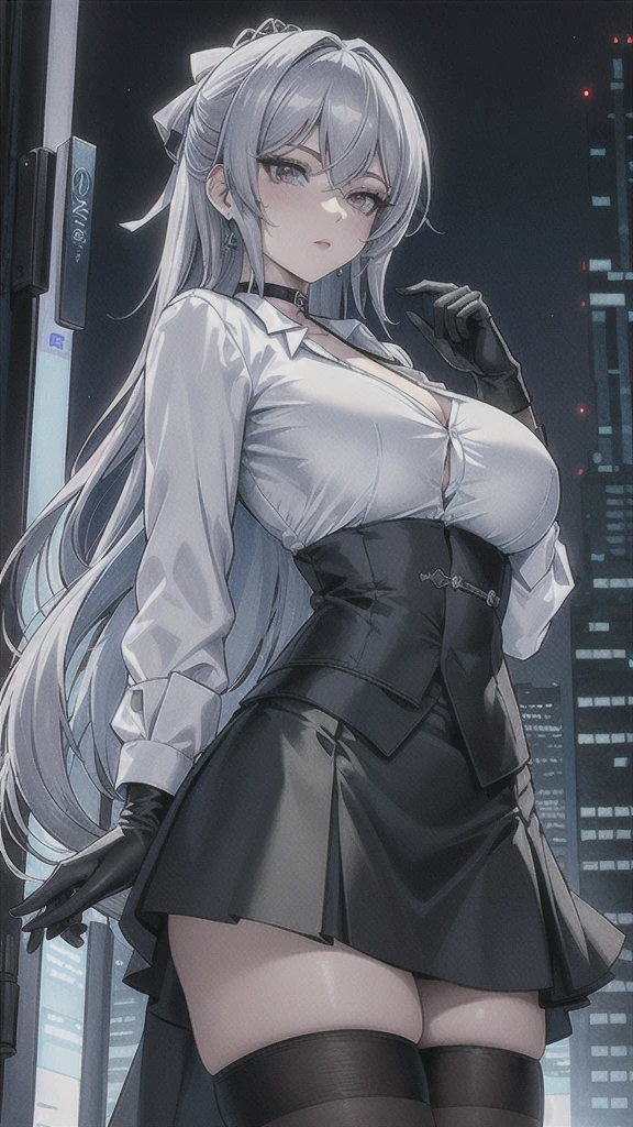 Masterpiece, Beautiful art, professional artist, 8k, art style by sciamano240, rostro de Bronya Zaychik, detailed body, Very detailed face, Detailed clothing, detailed fabric, Best Quality, better resolution,  1 girl, front view, big breasts, serious expression, city background, at night , silver hair, choker:1.6, (long sleeve white collar buttoned shirt), black gloves covering your hands, (shiny black miniskirt), looking at the viewer,