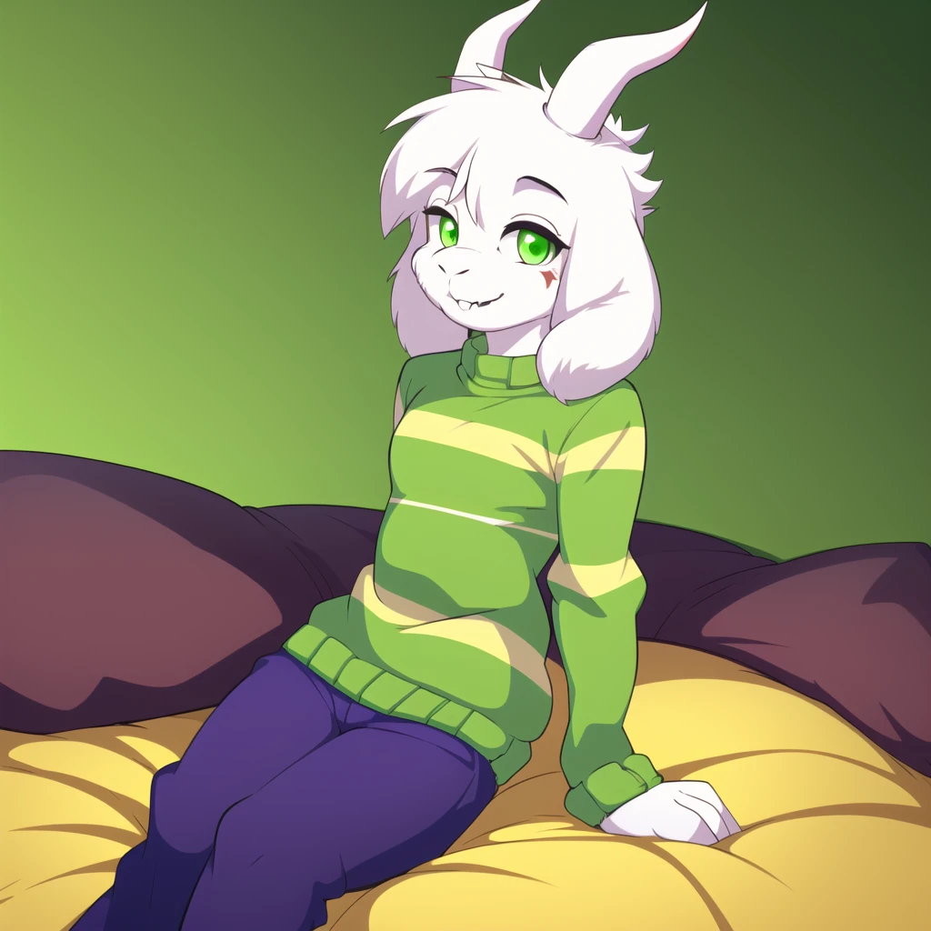 (best quality, masterpiece:1), furry female anthro asriel goat boy, solo, sitting on bed, (green striped sweater:1.1), white goat horns, (red pants:1.2), green eyes, smile, looking at viewer, (abstract background:1.0),