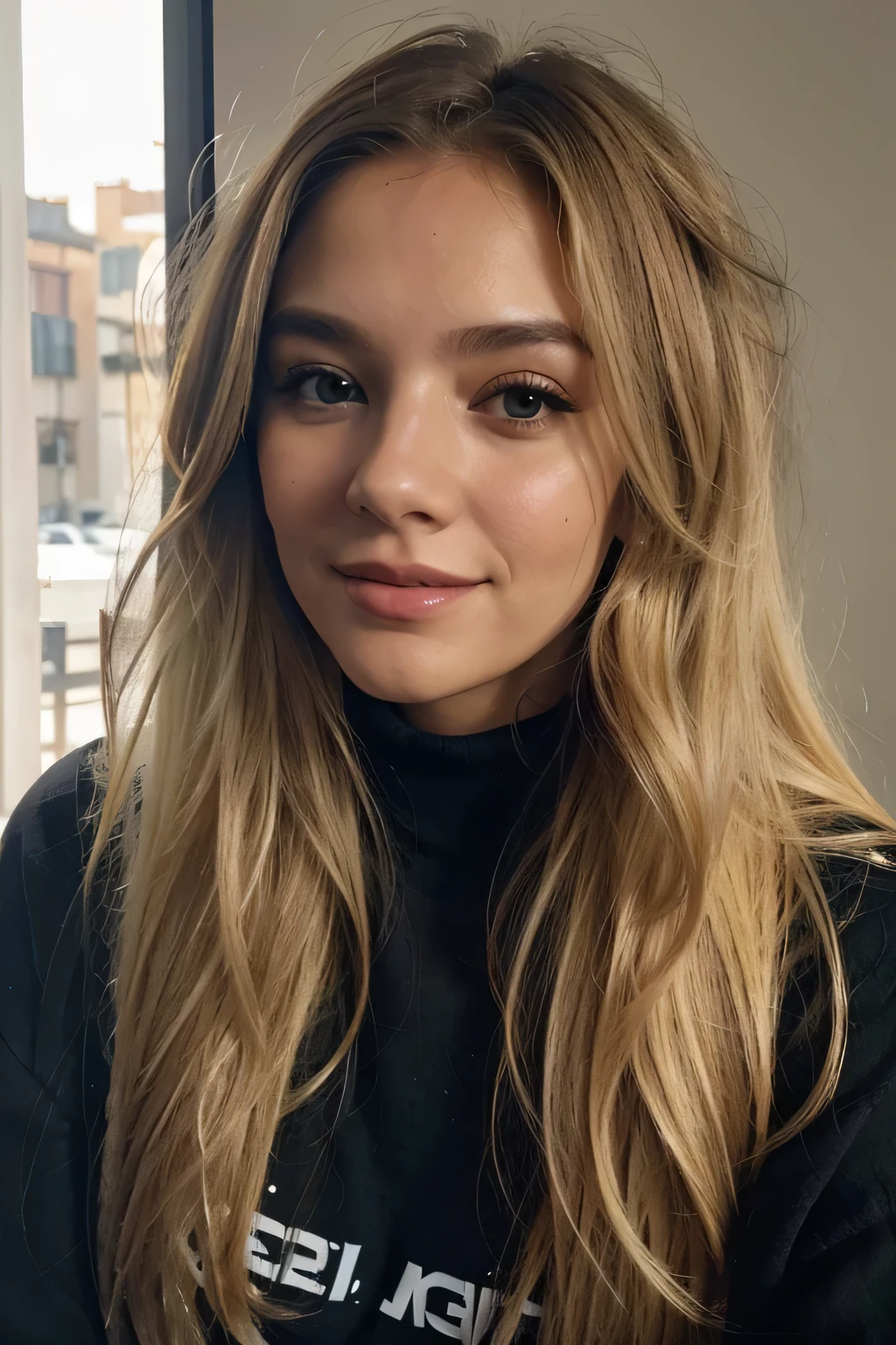 A 23-year-old blonde woman., ((big breasts)), ((hyperrealism)) ,. blond hair con raíces castañas claras. blond hair, Hair with brown roots, extra long hair, very long hair, very long hair, beautiful, profile, Foto tomada de profile con iPhone 15 pro, high quality, green eyes, full lips, out of focus background, smiling, jacket, extremely detailed, winter, Cold