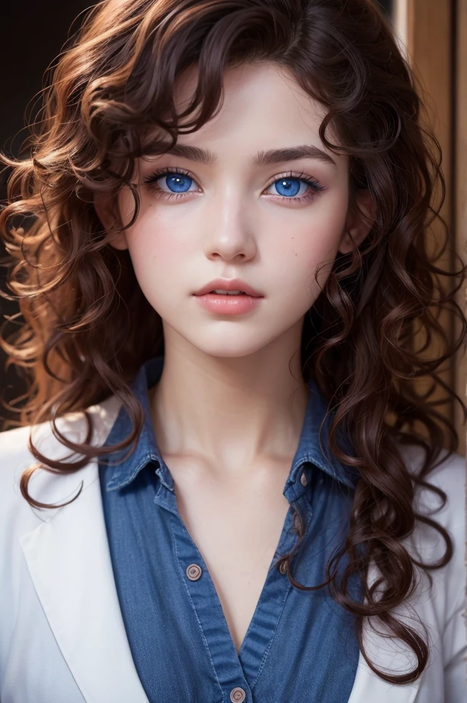 A character with curly hair and blue eyes with realistic red cheeks