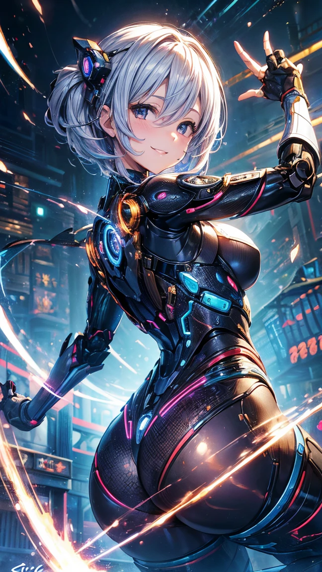 (1 mature robot girl,Age 35), ((Pub,guild)),(smile),Dynamic pose,Dynamic Angle,Pose for a photo,From below,Elderly woman、Trading Card Game Frames、Highest Rare、Five Fingers、Signature mark、Big Butt、White Hair、Android、Robo joint