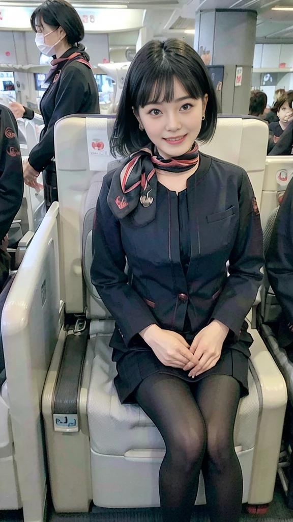 (At the airport in Japan、At a very large airport、Clean airport、High ceilings:1.2)、(Highest quality、high resolution、High definition、High resolution、masterpiece:1.1)、One Woman、23 year old Japanese woman、stewardess、Cabin Crew、Cabin attendant、((Full body photo))、Set hairstyle、Black Hair、Simple earrings and necklace、Natural Makeup、Detailed face、Detailed eyes、Beautiful eyes、A ruddy complexion、With a refreshing smile、Gaze Here、Direct your gaze this way、(Navy blue airline uniform、stewardessの制服、Black pumps、skirt、Black thin stockings、Pantyhose、Neck scarf、Slim watches、JAL、Japan Airlines:1.3)、Airlines in Japan、Beautiful woman、Detailed Hair、Glossy lips、Beautiful feet、Professional photography、RAW Photos、Clear photos、Just the right color balance、Haneda airport