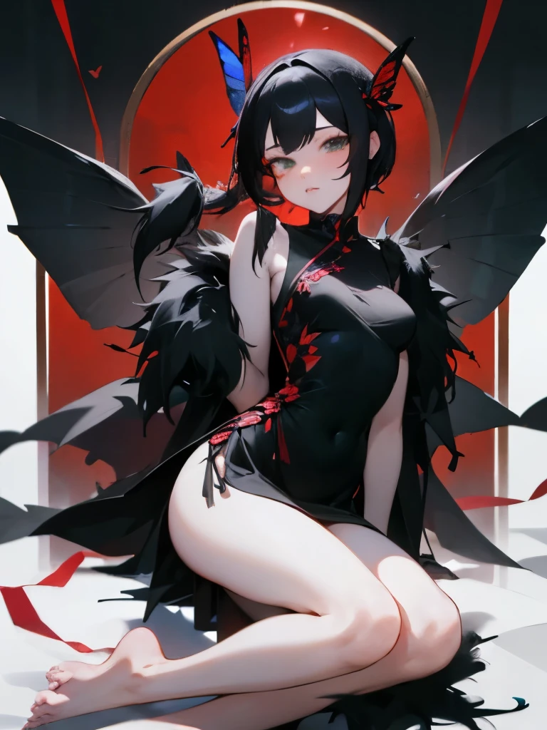 Women, White skin, medium breasts, short hair , black chinese dress. black fur, red butterflies around, red ribbon tied to her thigh. whole body, barefoot, two strands of long black braided hair, long red painted nails, green eyes, a butterfly ornament in her hair, flying body, looking at the viewer.