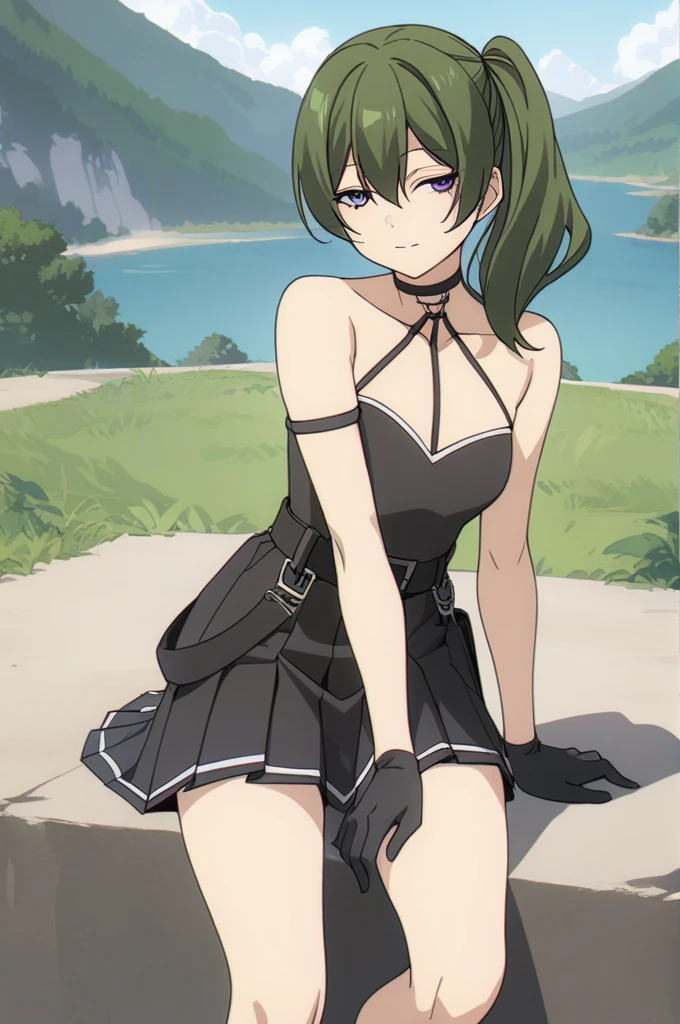 ubel,1girl,green hair, bangs,hair between eyes,side ponytail, purple eyes,
black choker, collarbone, sleeveless, black dress,sleeveless dress, halterneck,pleated skirt, black gloves,belt,black footwear,
looking at viewer, half-closed eyes, expressionless, smile,outdoors, 
masterpiece,best quality, Her clothes are open and her nipples are visible