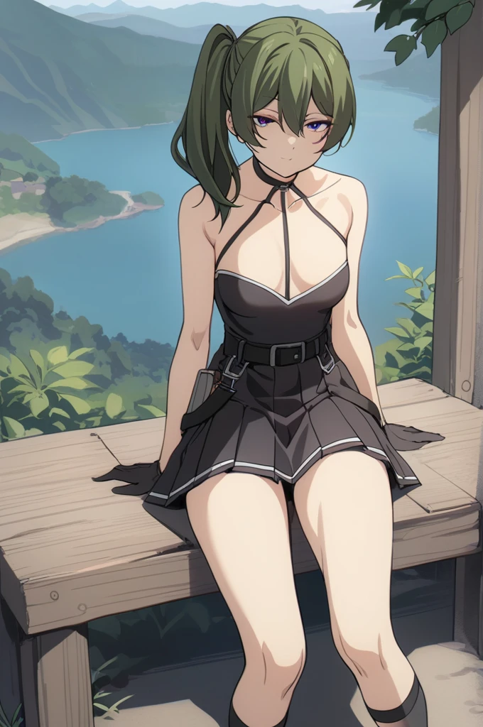 ubel,1girl,green hair, bangs,hair between eyes,side ponytail, purple eyes,
black choker, collarbone, sleeveless, black dress,sleeveless dress, halterneck,pleated skirt, black gloves,belt,black footwear,
looking at viewer, half-closed eyes, expressionless, smile,outdoors, 
masterpiece,best quality, Her clothes are open and her nipples are visible