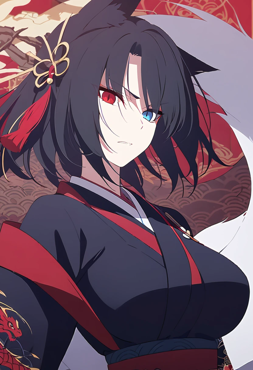 a beautiful blue and black kitsune, detailed intricate portrait, 1girl, long black hair, slim waist, big breasts, long white tail, heterochromia (one blue eye, one red eye), Black and red kimono with dragon design, mature woman,Serious face