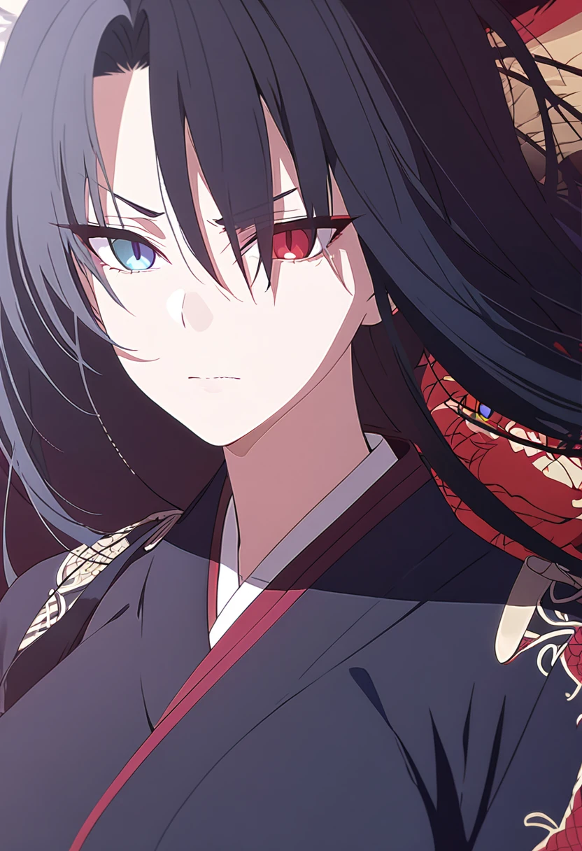 a beautiful blue and black kitsune, detailed intricate portrait, 1girl, long black hair, slim waist, big breasts, long white tail, heterochromia (one blue eye, one red eye), Black and red kimono with dragon design, mature woman,Serious face