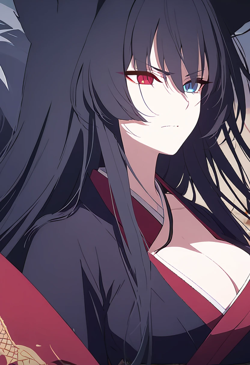 a beautiful blue and black kitsune, detailed intricate portrait, 1girl, long black hair, slim waist, big breasts, long white tail, heterochromia (one blue eye, one red eye), Black and red kimono with dragon design, mature woman,Serious face