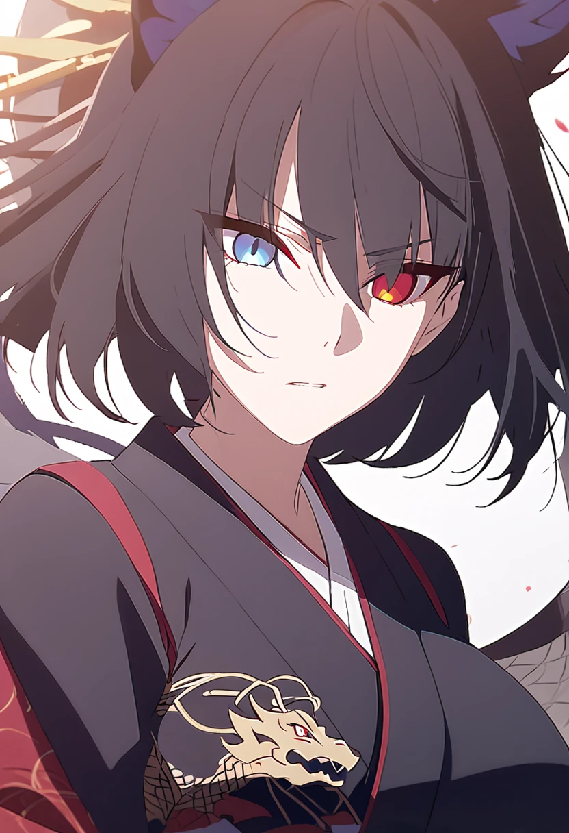 a beautiful blue and black kitsune, detailed intricate portrait, 1girl, long black hair, slim waist, big breasts, long white tail, heterochromia (one blue eye, one red eye), Black and red kimono with dragon design, mature woman,Serious face