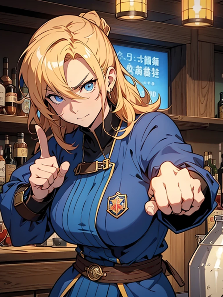 40-year-old woman、strong、bionde、angry pointing finger、Anime Style、watchful、guild master、tall、Bar interior background、Blue Eyes、cool、Strong