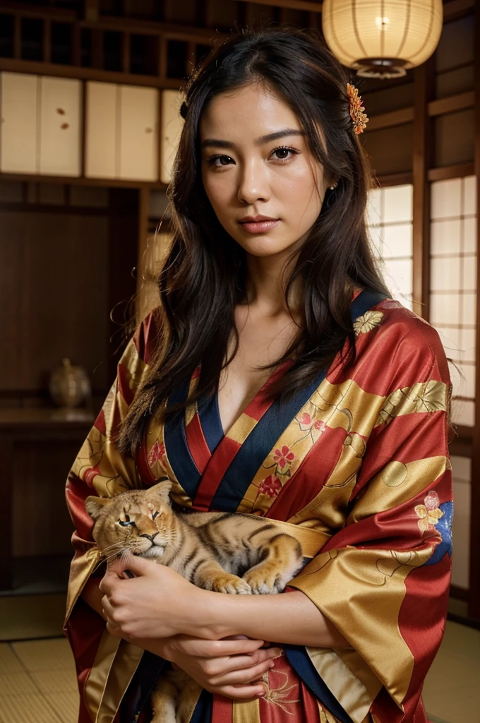 A beautiful girl in a traditional Japanese kimono, holding a majestic lion, looking directly at the viewer, wearing exquisite jewelry, (best quality,4k,8k,highres,masterpiece:1.2),ultra-detailed,(realistic,photorealistic,photo-realistic:1.37),HDR,UHD,studio lighting,ultra-fine painting,sharp focus,physically-based rendering,extreme detail description,professional,vivid colors,bokeh,portrait,traditional japanese art