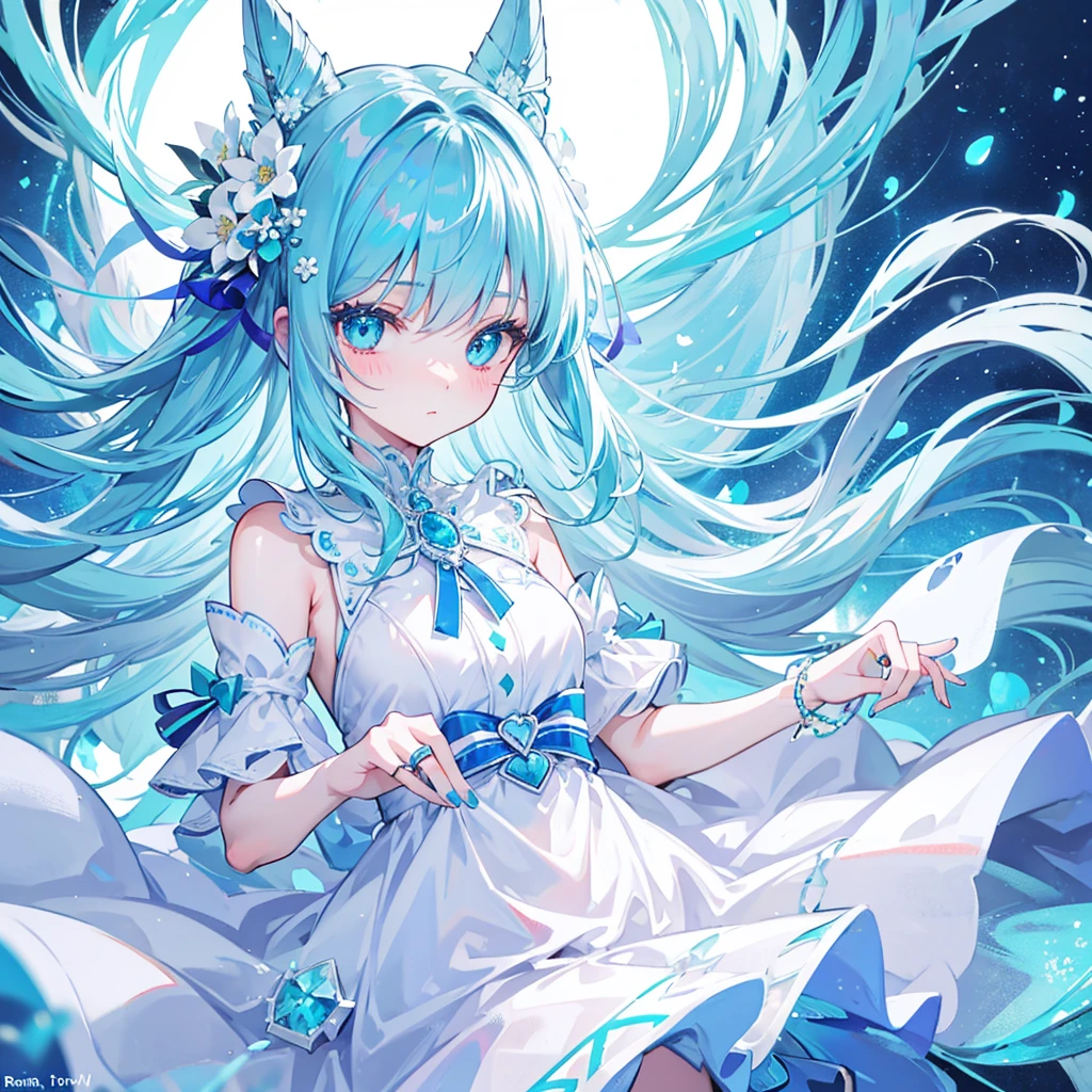 white hell, blue hair, aqua eyes, detailed face, blue nails, looking at viewer, white dress, ring, light blush, hair ornament, flower hair ornament, aqua bows, hair floating upwards, jewellery