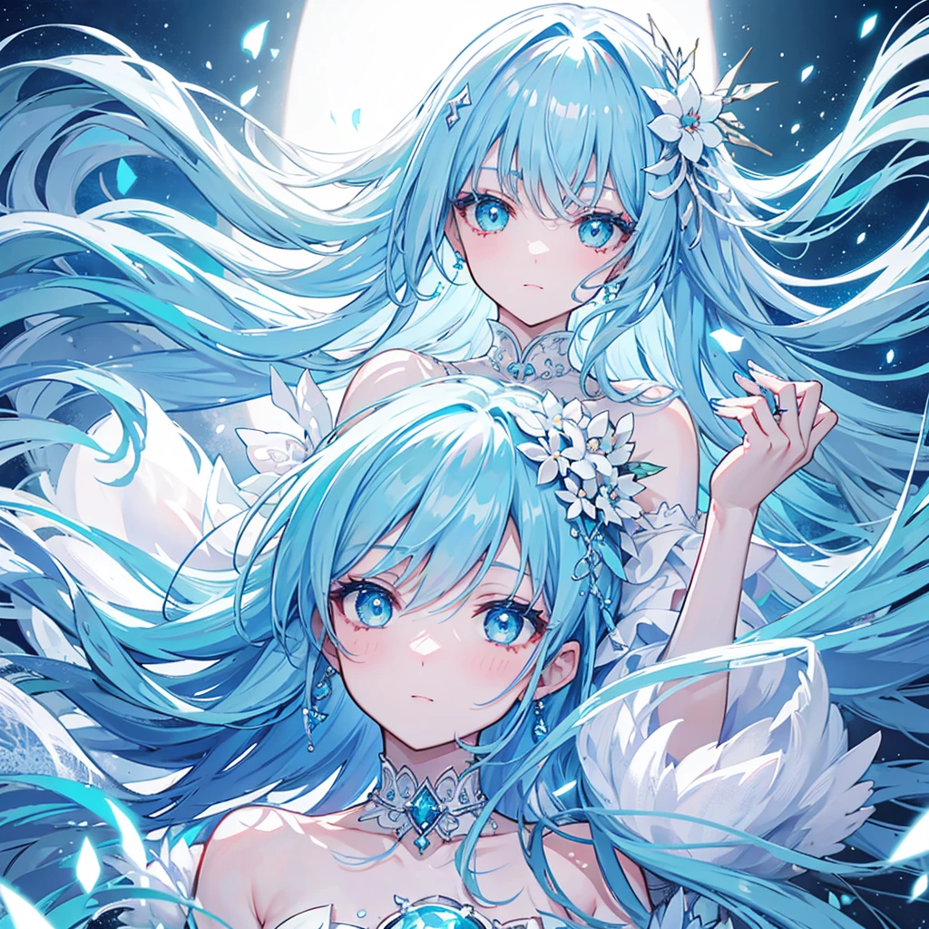 white hell, blue hair, aqua eyes, detailed face, blue nails, looking at viewer, white dress, ring, light blush, hair ornament, flower hair ornament, aqua bows, hair floating upwards, jewellery